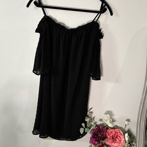 Black Swiss Dot Off The Shoulder Dress by Sunset Wanderer